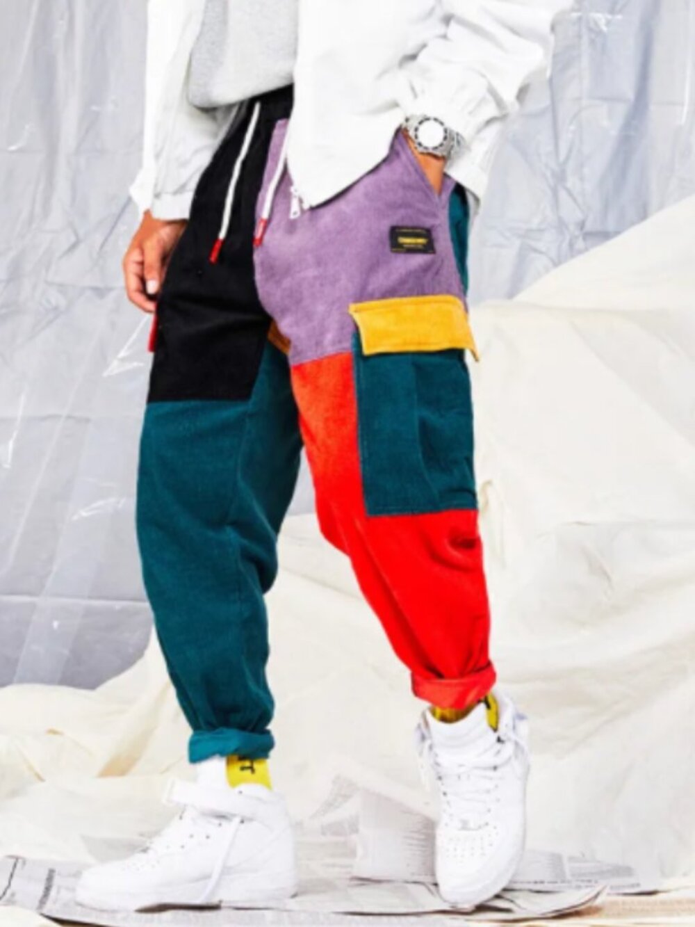 AELFRIC EDEN Back to 90's Patchwork Color Block Corduroy Cargo Pants Size 2XL
